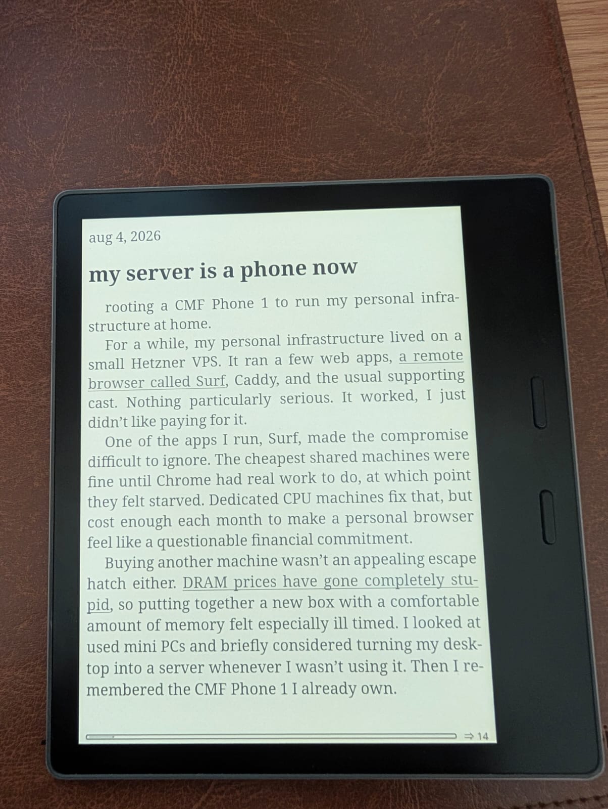 A saved article from Karakeep, rendered as an EPUB in KOReader on the Oasis