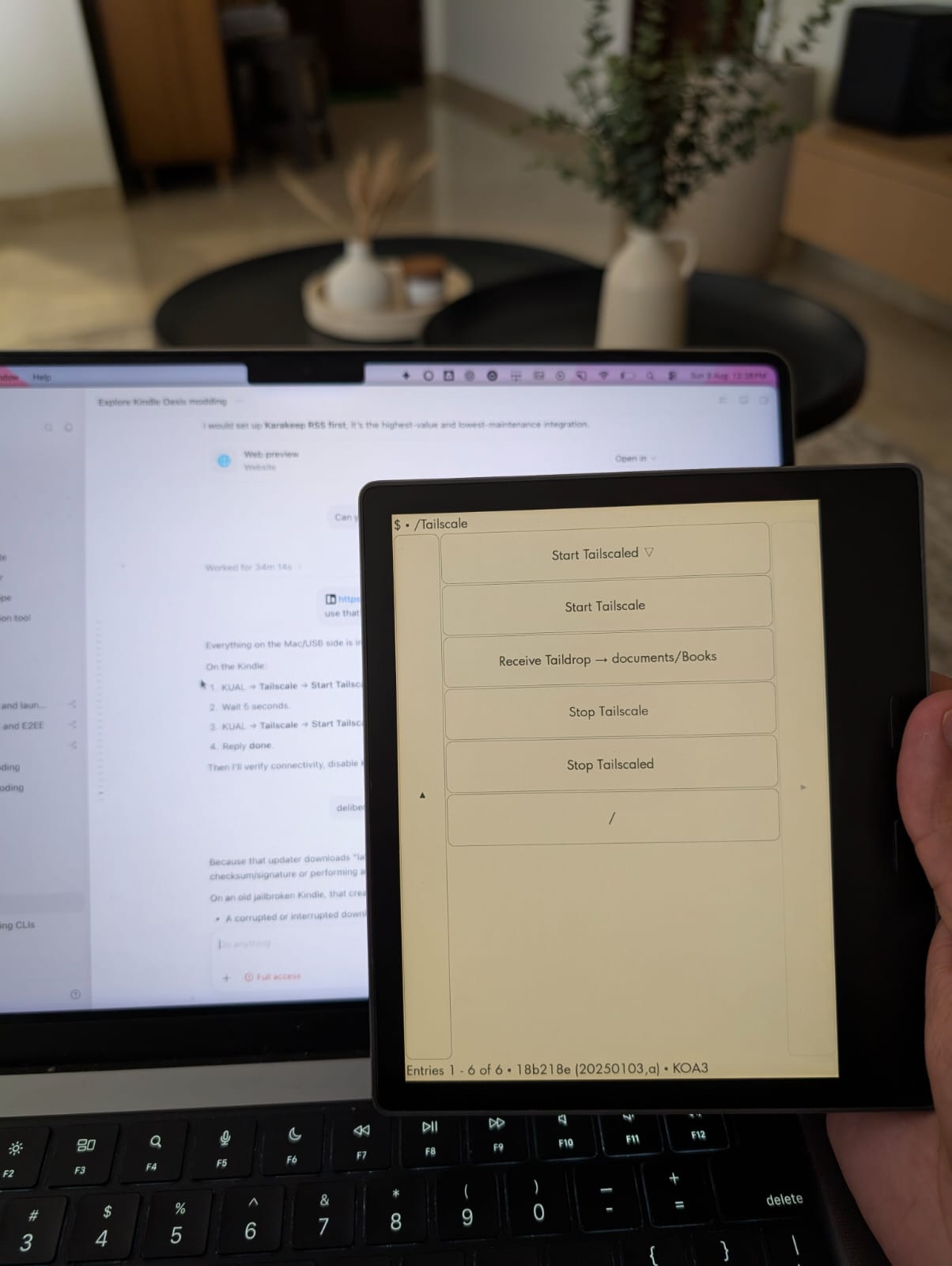 The Tailscale KUAL extension menu on the Kindle, including a custom action to collect Taildrop files