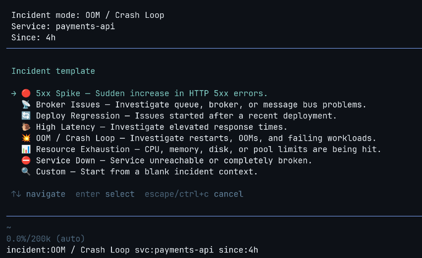 The /incident wizard showing template selection